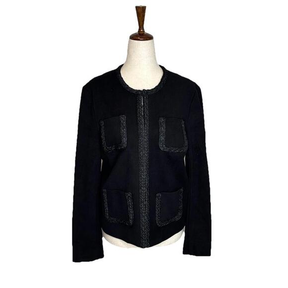 J McLaughlin Fanning Jacket Small Black Braided Trim Pockets Old Money Classic - Picture 2 of 10